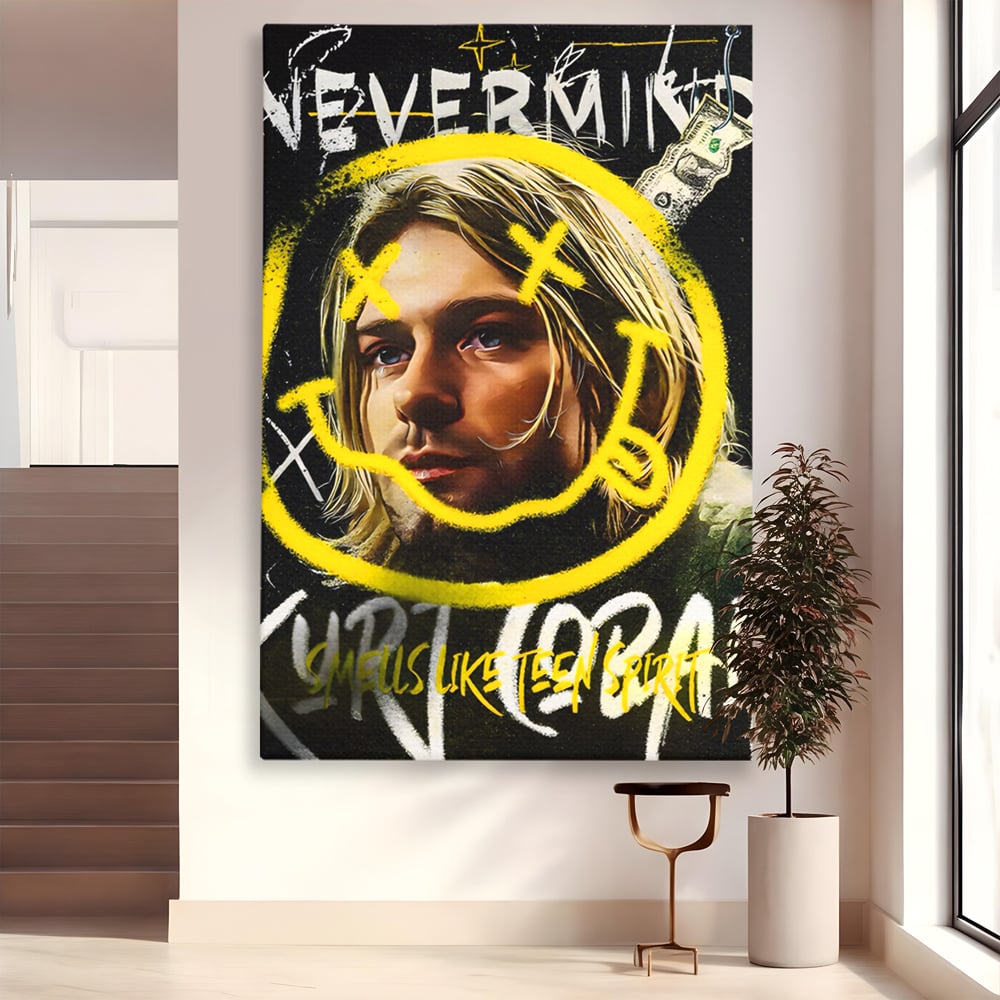 Tablou canvas cu tablou canvas cu portretul lui kurt cobain, fara rama, pe sasiu de lemn